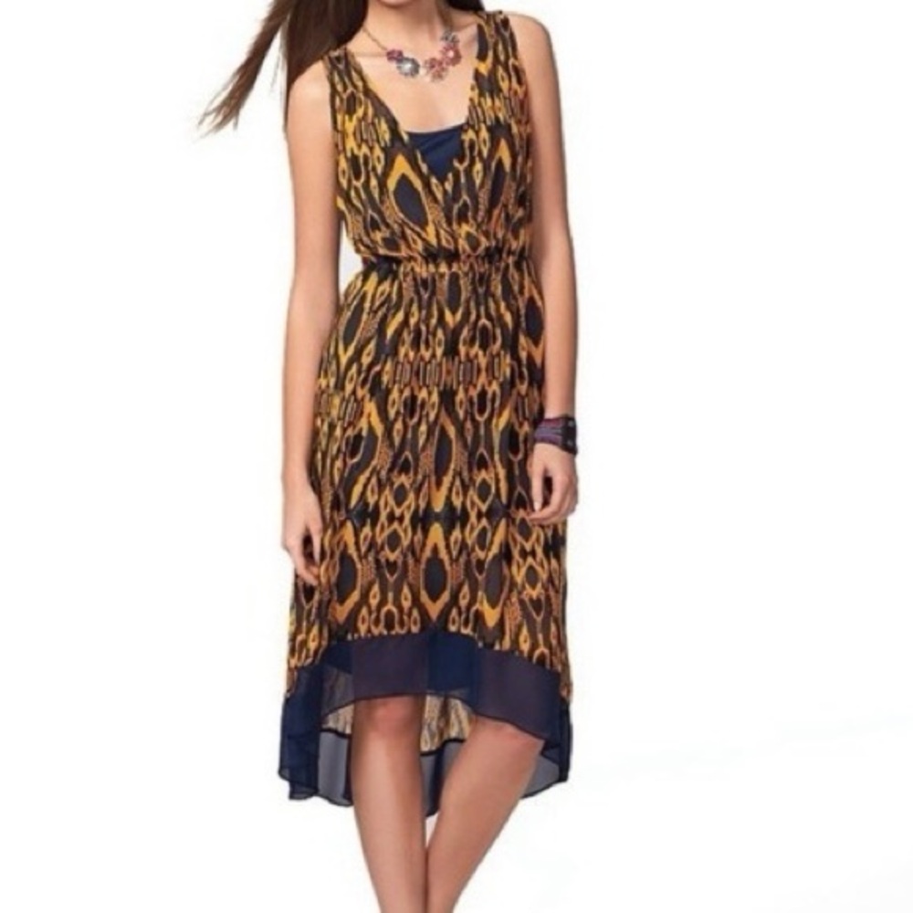 Princess Vera Wang Sleeveless Yellow & Blue ikat High Low Midi Dress size Small